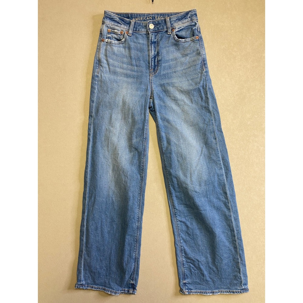 American Eagle High Waisted Wide Leg Jeans Medium Wash Stretch Size 000 Regular